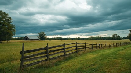 Fototapeta premium Open farm field with rustic fence, a lone barn in the distance under a cloudy sky, space for copy