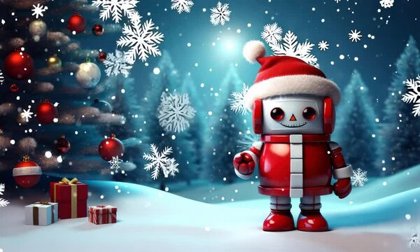 cute robot santa claus on snowy winter day