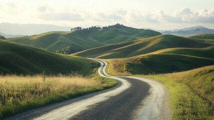 Quiet country road cutting through rolling hills, with room for text in the empty fields below