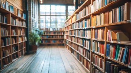 Cozy library with wooden floors, shelves of books, and large windows