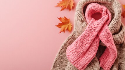 Beige and pink scarves with fall leaves on background