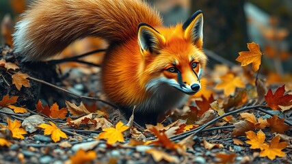 Obraz premium A cunning red fox with a bushy tail held high and wagging with excitement, partially hidden among autumn leaves and twigs on a rustic forest floor.