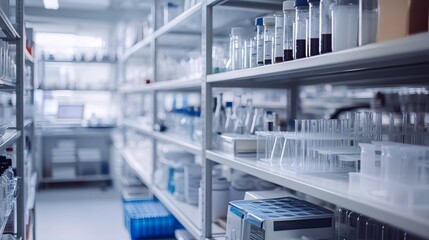 Fototapeta premium Close-up of a laboratory shelving unit stocked with glass beakers and vials