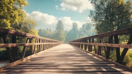 Wooden bridge extends over lush green forest under clear sky