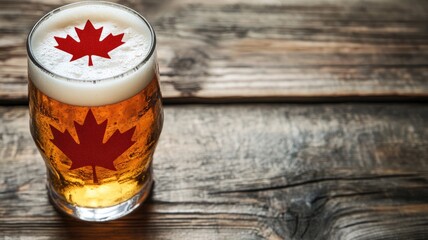 Glass of beer with maple leaf decals on wooden table