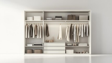 Modern white closet with organized clothes, shoes, and boxes.