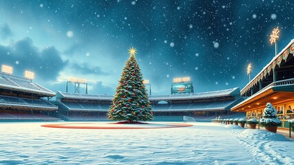 A festive winter scene featuring a snow-covered baseball field with a giant Christmas tree, gleaming lights, and a sprinkling of glittering snowflakes amidst the winter wonderland.