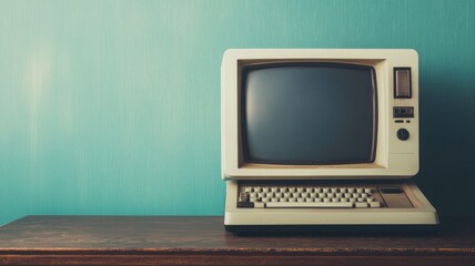Fototapeta premium Vintage computer with CRT monitor on wooden table