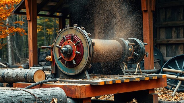 A heavy-duty machine with a rotating drum and sharp blades sits atop a wooden platform, surrounded by logs and wood debris, emitting a cloud of sawdust into the crisp autumn air.