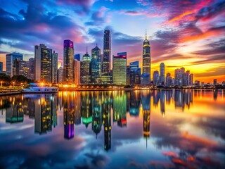 Fototapeta premium Majestic City Skyline at Dusk with Vibrant Lights Reflecting on Calm Water Surface Below