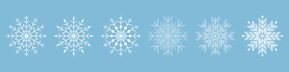 Set of white snowflake icons.Isolated snowflake collection.Happy New Year,Christmas holidays. Winter design elements. Vector illustration.