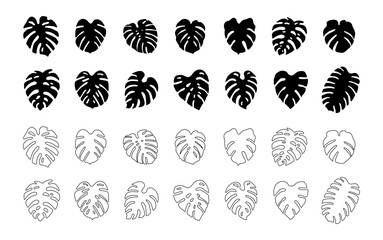 monstera leaf silhouette vector art outline set graphic design summer tropical leaves nature tree plant hand draw doodle cut out line green hawaii holiday drawing palm yoga organic decorative 