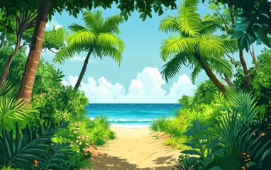 Fototapeta premium Lush Tropical Jungle Path Leading to a Blue Ocean Beach Scene Illustration