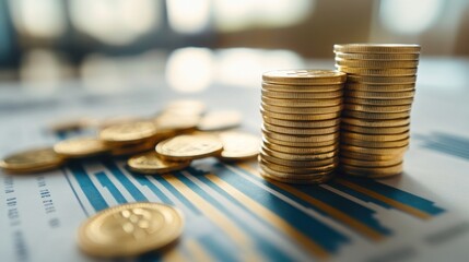 Gold coins stacked on a graph, symbolizing financial success.