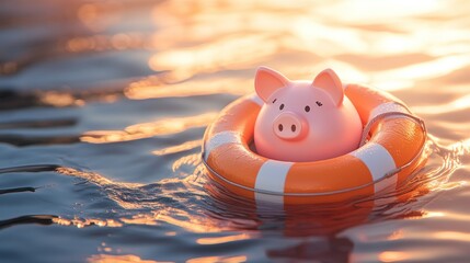 A piggy bank in a life preserver floats in calm water at sunset.