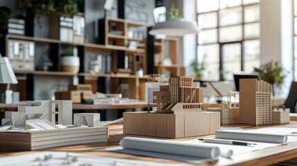 A well-equipped and organized architecture firm office with blueprints and models
