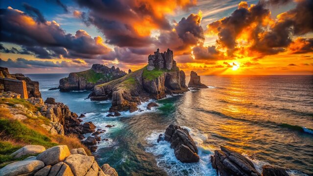 Majestic Dragonstone Landscape in Spain with Dramatic Sky and Unique Rock Formations at Sunset