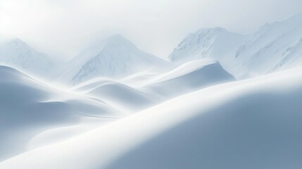 Soft snow draping over mountain ridges, creating a pristine and serene winter scene with copy space. No people, quiet and calm