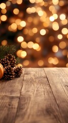 A wooden table with an autumn background and bokeh lights in the background