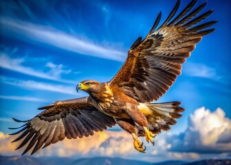 Obraz premium Majestic Golden Eagle Soaring Through Clear Blue Sky Captured in Stunning Flight Photography