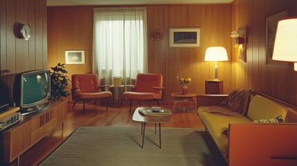 A retro living room with wood paneling, two armchairs, a couch, a television, and a lamp.