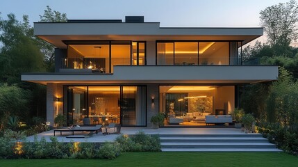 Obraz premium stylish modern house exterior featuring an expansive garden and elegant dining area bathed in warm evening light showcasing luxury and comfort in architecture