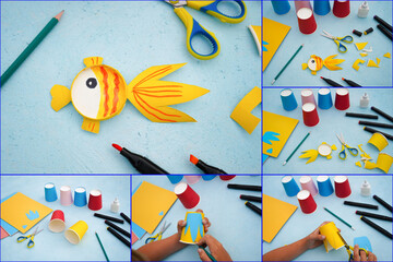 Collage diy process. Kids craft multicoloured fish from a paper coffee cup, zero waste concept.