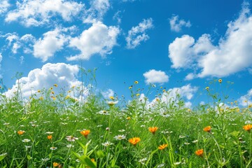 Obraz premium Vibrant wildflowers blanket an expansive emerald meadow, merging with a radiant blue sky featuring soft white clouds, evoking feelings of euphoria and unbridled freedom.