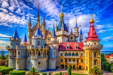 Obraz premium Majestic Gothic Palace Architecture with Intricate Details and Dramatic Spires Against Blue Sky