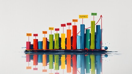 A stylized illustration featuring a colorful bar graph with labels and markers highlighting trends and data, suspended within a minimalist background for effective visual communication.