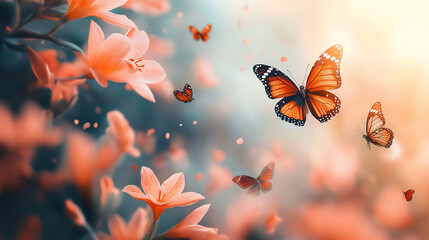 Colorful Abstract Spring Background with Blossoms and Butterflies