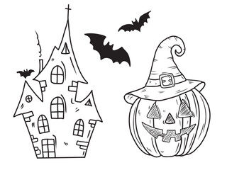 Scary haunted house castle church with cross flying bats and pumpkin in a witch hat. Hand drawn vector sketch illustration in doodle engraved vintage line art style. Happy Halloween
