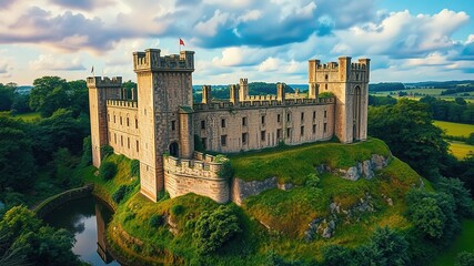 Obraz premium Ancient stone walls and towers rise imposingly from lush green surroundings, with a moat and intricate architecture blending seamlessly into the rolling Nottinghamshire landscape.