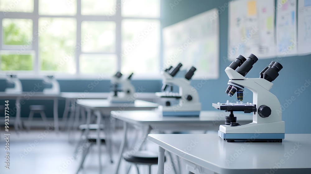 Poster microscope on a lab table in a classroom setting