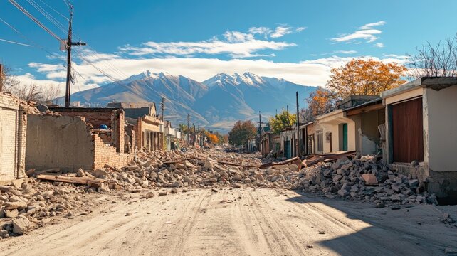 Earthquake aftermath in mountain village with destroyed buildings