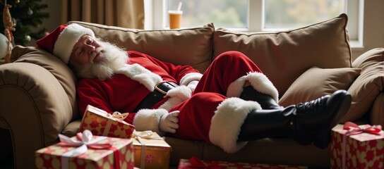 Fototapeta premium Santa napping amidst presents on the sofa