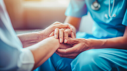 Healthcare worker holding patient's hands, symbolizing compassion, care, and support in medical setting. Perfect for promoting healthcare services, patient care, and importance of empathy in medicine