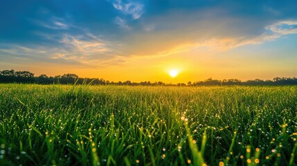 A peaceful meadow at sunrise with dew-covered grass, with room for copy in the glowing sky