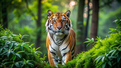 Obraz premium Majestic Hindu Tiger in Lush Green Forest Setting Symbolizing Strength and Spirituality of Nature