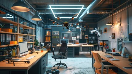 A well-equipped and organized office with a drone testing range and aerial robotics
