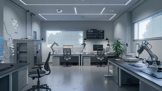 A well-equipped and organized office with a robotics lab and advanced automation
