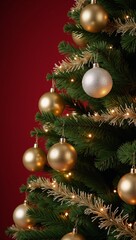 Fototapeta premium Golden and silver Christmas tree illuminated against a deep red backdrop