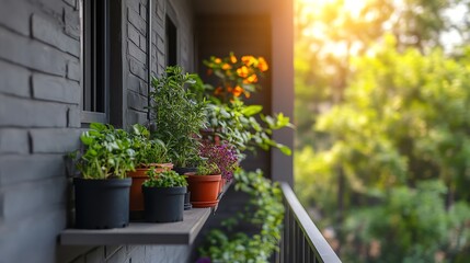 Fototapeta premium Lush plants on a balcony during sunset, creating a serene atmosphere.