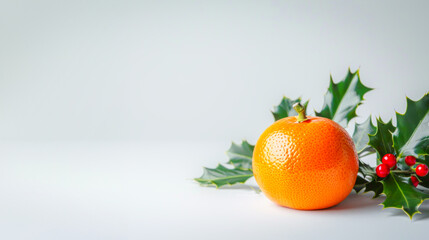 Festive arrangement with tangerine and sprigs of holly with red berries, symbolizing traditions of St. Nicholas Day. Perfect for holiday-themed designs, seasonal greetings or festive decor. Copy space