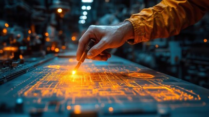 A Hand Interacting with a Glowing Circuit Board