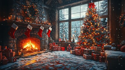 10. A festive living room with stockings hanging over a fireplace, Christmas presents piled up under a brightly lit Christmas tree, and snow falling outside