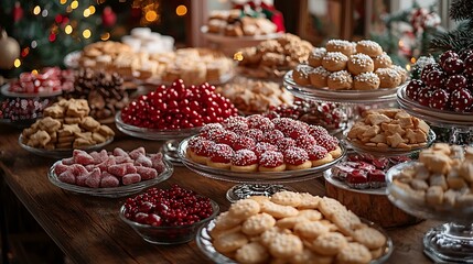 14. A festive table full of Christmas candies, decorated cookies, and holiday treats surrounded by holiday decorations and twinkling lights