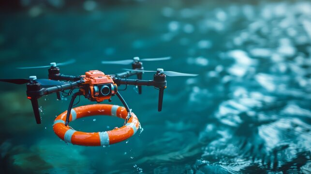 Rescue drone with lifebuoy hovering above the water