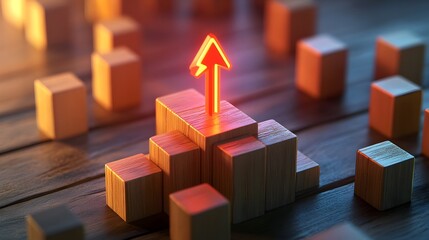 top of wooden blocks with rise up arrows, 3d bar graph chart steps , business growth process, profit, investment, economic improvement concepts. investment, income, trends, inflation, business growth