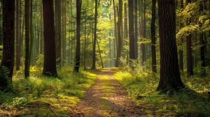Obraz premium Peaceful forest trail lined with tall trees, a soft carpet of moss underfoot, and sunlight filtering gently through the leaves above.